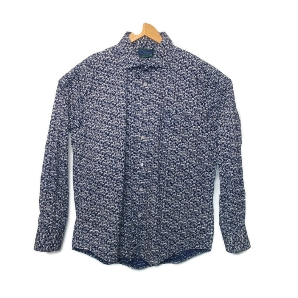 Charleston Threads Mens XL Button Front Shirt Boat Pattern Blue White Casual